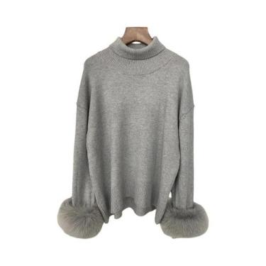 Imagem de Suéter Feminino De Tricô Com Mangas De Pele De Raposa, Ajuste Slim, Mo
