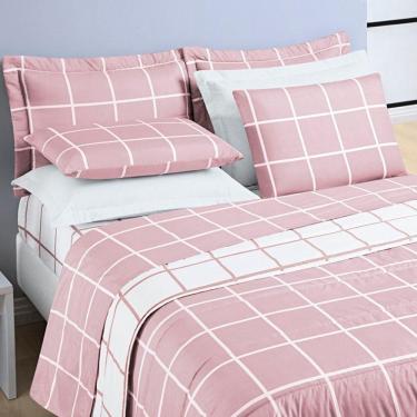 Imagem de Kit Cobre Leito Colcha Brooklyn King Quadriculado Micropercal 200 Fios 3 Peças - Rosa