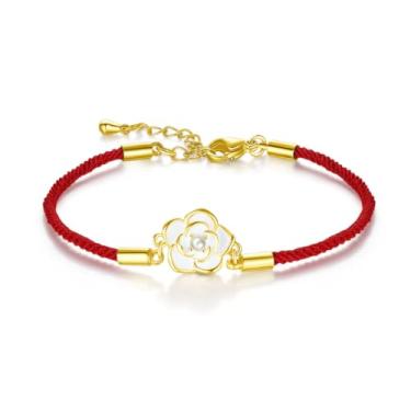 Imagem de Pulseira feminina delicada com cordão vermelho de flor de camélia ajustável zircônia cúbica cristal rosa flores imitação de pérola floral corrente corrente feita à mão joia da sorte para sua mãe, dia