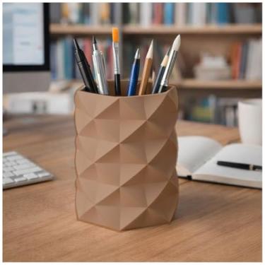 Imagem de Porta Canetas, Lápis, Pincel Geométrico Low Poly, Design Moderno, Organizador de Mesa, Estilo Minimalista (Marrom)