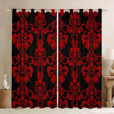 Imagem de Cortina floral damasco infantil (2 painéis, 52 x 96 polegadas) floral exótico 30%-50% blackout para decoração de quarto de meninos meninas adolescentes cortinas de janela jacquard vintage vermelho