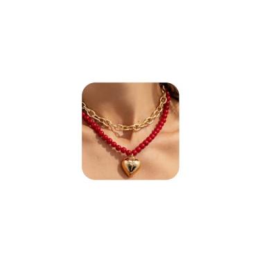Imagem de Douxsu Colar gargantilha vintage com contas vermelhas em camadas com coração para mulheres, tubo de ouro requintado pingente de coração coração OT colares para festa de formatura, One Size, Metal, Sem