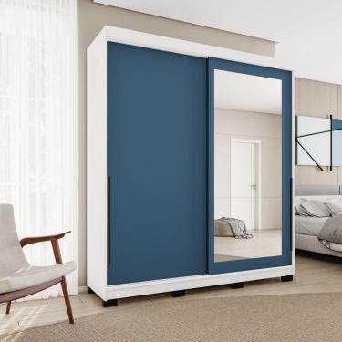Imagem de Guarda-roupa Casal 2 Portas Correr com Espelho Madrid Azul/Branco