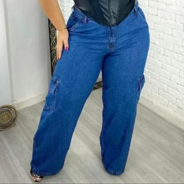 Imagem de Calça Jeans Cargo Feminina Plus Size Cintura Alta