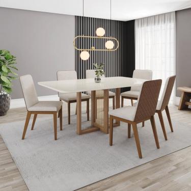 Imagem de Conjunto Mesa Natalí 160cm com Vidro 06 Cadeiras Pietra Marrom/Off White/Caramelo