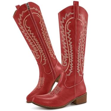 Imagem de Diarilip Botas caubói ocidentais para mulheres: Botas de cowgirl altas bordadas na altura do joelho com salto grosso, bico fino, retrô, fashion com zíper lateral para shows country, Vermelho, 34