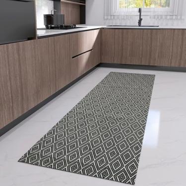 Imagem de Tapete Passadeira Cozinha 45cm x 2,00m Artesanal Geométrico Moderno Cru Caramelo Preto Antiderrapante (Preto)