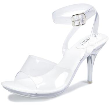 Imagem de NBUUNBU Sandálias de salto transparente para mulheres, plataforma com tiras transparentes, tira no tornozelo, salto gatinho, sexy, slingback stiletto confortável, sapatos sociais, bico aberto, sem