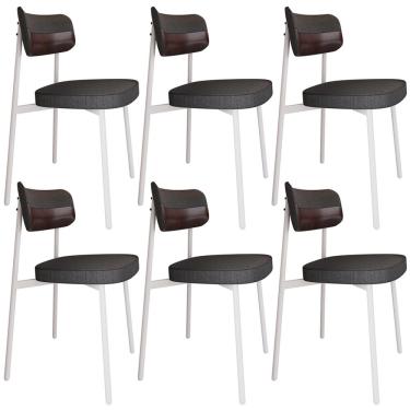 Imagem de Kit 06 Cadeiras Estofada Para Sala de Jantar Astrid Branco C01 Linho Preto Courino Café - Lyam Decor