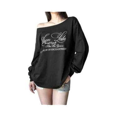 Imagem de Camisetas Femininas Casuais De Manga Comprida Com Estampa De Letras E 