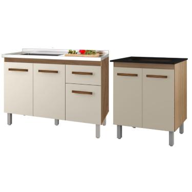 Imagem de Kit Balcão Para Pia 120 cm Anita + Balcão Para Cooktop Jade 4 Bocas - Savana/Off-White