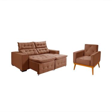 Imagem de Kit Sofá Retratil Reclinável Bari 1,90 Pillow Mais Poltrona Florença em Veludo Canela