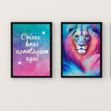 Imagem de Kit 2 Quadros Leão Galáxia 33x24cm - Madeira Branca