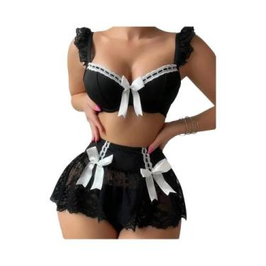 Imagem de Conjunto De Sutiã De Renda Transparente Preto Com Saia Mini Para Mulhe