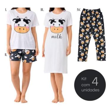 Imagem de Kit 4 Peças Conjunto Pijama Feminino Estampado Leve Mais 898 - Fashion