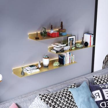 Imagem de Prateleiras de livros flutuantes de metal com luz LED iluminada embutida, montagem de parede moderna não possui prateleira, organizador de decoração de armazenamento flutuante, prateleira de
