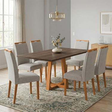 Imagem de Mesa Jantar Julia 1,6m Freijó Pés Cerejeira 6 Cadeiras Heloísa Almofadada - Bege Linho