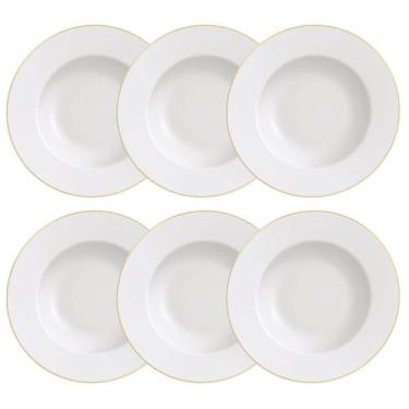 Imagem de Jogo 6 Pratos Rasos Branco com Borda Dourada Porcelana 28cm Jantar Tra