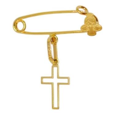Imagem de Pingente Alfinete Anjinho Com Cruz Mini Vazada Em Ouro 18k Amarelo - M