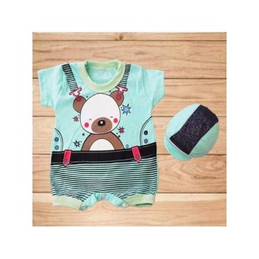 Imagem de Conjunto Macacão + Boné Ursinho Curto Bebe Menino Tam RN a 03 Meses - 