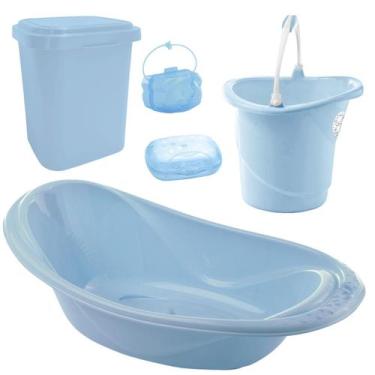 Imagem de Kit Banheira do bebê 5 Peças Adoleta Banheira 20l Lixeira Balde, Azul