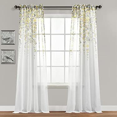 Imagem de Lush Decor Par de painel de cortina de janela transparente Weeping Flower 213,4 cm de comprimento x 96,5 cm de largura, amarelo e cinza