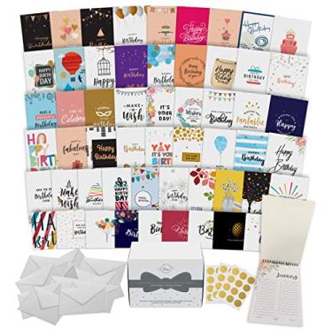 Imagem de Dessie 60 cartões de aniversário exclusivos sortidos com saudações genéricas de aniversário dentro. Adequado para homens, mulheres e crianças em casa ou no trabalho. Envie como está ou personalize. Inclui envelopes e adesivos dourados