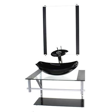 Imagem de GABINETE DE VIDRO PARA BANHEIRO 60CM AC CUBA OVAL CHANFRADA PRETO COM TORNEIRA CASCATA
