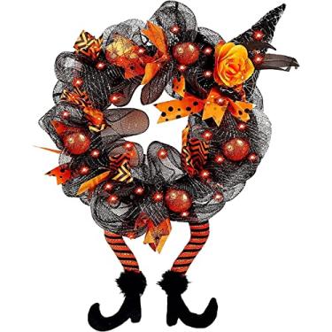 Imagem de Guirlanda de Halloween com luzes led, guirlanda de decoração de halloween porta pendurada para porta da frente - 18 polegadas com pernas de chapéu de bruxa guirlanda de chapéu de bruxa,B,40 * 75cm