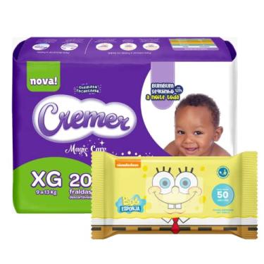 Imagem de Kit Fralda Cremer Magic Care Jumbo com Toalhinha Umedecida Bob Esponja XG