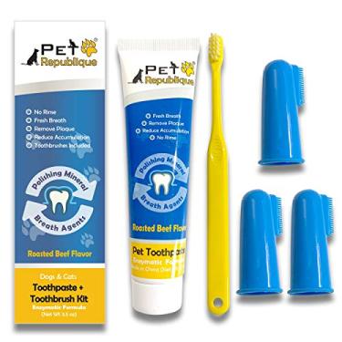 Imagem de Pet Republique Kit de pasta de dente Enzymatic para cães com escovas de dedo, kit de limpeza dentária para gatos e cães – 99 g de pasta de dente com sabor de carne, 3 escovas de dentes de silicone, 1