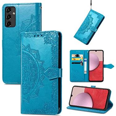 Imagem de Capas de telefone Relief Mandala para Samsung Galaxy A14 5G Capa de couro luxo com slots magnéticos para cartão carteira clipe à prova de choque capa para telefone Samsung A14 5G capas (azul, Samsung A14 5G)