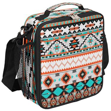 Imagem de Lancheira infantil geométrica asteca tribal étnica isolada bolsa de almoço para meninas meninos, bolsa de preparação de refeições congelável bolsa bentô com alça de ombro recipiente de almoço à prova d'água para piquenique de escritório escolar