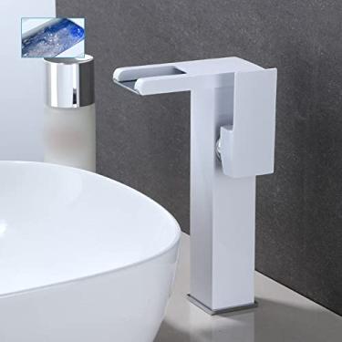 Imagem de Conjunto de torneiras de lavatório de banheiro com cascata de LED de latão Misturador de água quente e fria Torneira de pia com guindaste Mudança de cor Alimentado por torneiras de fluxo de água, branco B