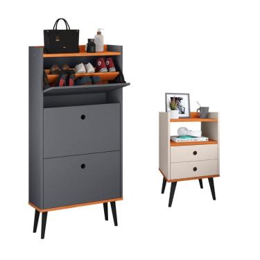 Imagem de Kit Quarto Sapateira Vertical 3 Gavetas Basculantes Dark Cinza/Cinamomo e Mesinha Lateral Pequena Nicho Organizador Dream Off White/Cinamomo – RPM