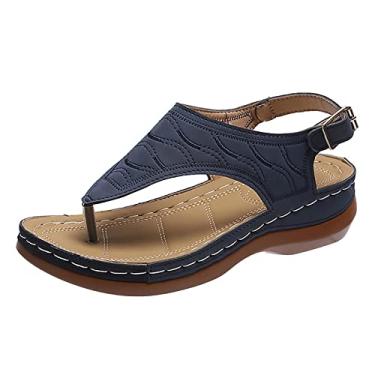 Imagem de Sandálias de plataforma de couro vintage para mulheres, clipe no dedo do pé, fivela e tira de sola grossa, sandálias leves antiderrapantes com suporte de arco (azul, 35)