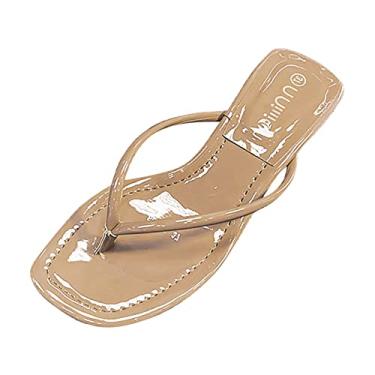 Imagem de Chinelos femininos de verão comércio exterior cor pura PU salto alto clipe dedo do pé sandálias femininas 8 largas, Bege, 7.5