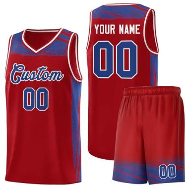 Imagem de Camisa masculina personalizada de basquete juvenil uniforme de treino uniforme impresso personalizado nome do time logotipo número, Vermelho e azul - 04, One Size