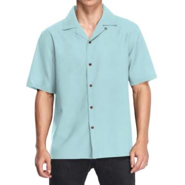 Imagem de Camisas havaianas masculinas folgadas de manga curta com colarinho de botão camisa casual verão praia tops, Azul-piscina claro, M