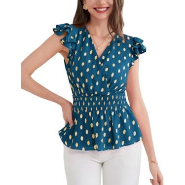 Imagem de GRACE KARIN Peplum Tops para mulheres com decote em V, blusas casuais de negócios, manga curta, bolinhas, babados, camisas de verão, Azul, verde, XXG