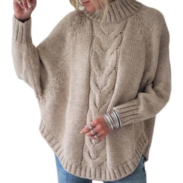 Imagem de Suéter feminino elegante de tricô com gola rolê, mangas morcego, bainha irregular, clássico, casual, tricotado, Caqui, GG