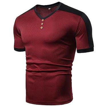 Imagem de ZHONKUI 2024 Camisetas masculinas gola V HenleyCollar manga curta slim fit patchwork camisetas musculares, Vermelho, M