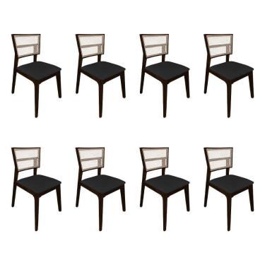 Imagem de Kit 8 Cadeiras de Jantar Manuela em Tela Assento Veludo Preto Base em Madeira Maciça - Castanho