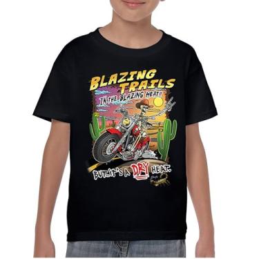 Imagem de Camiseta juvenil Blazing Trails Skeleton Biker Riding Motorcycle Dry Heat Highway Cowboy Skull Cactus Southwest Kids, Preto, M