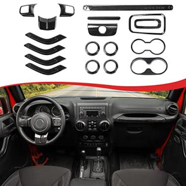 Imagem de CheroCar Kit de acabamento interno de 18 peças para Jeep Wrangler JK JKU 2011-2018 4 portas, capa de volante, capa de suporte de copo de acabamento de ventilação de ar condicionado, estrutura de botões de mudança de marcha, fibra de carbono..