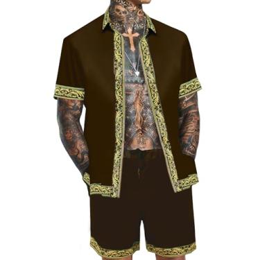 Imagem de OYOZONE Conjunto de camisa e short havaiano masculino 2 peças roupas de luxo estampado casual abotoado manga curta camisa terno de cetim, Café, G