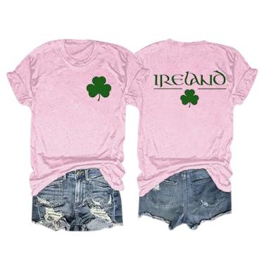 Imagem de Camisetas femininas do Dia de São Patrício com estampa de coração de trevo verde túnica moderna casual manga curta, rosa, XXG
