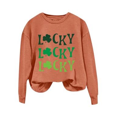 Imagem de Camiseta feminina do Dia de São Patrício de manga comprida verde Shamrock Lucky camiseta moderna para mulheres 2024, Laranja, XXG