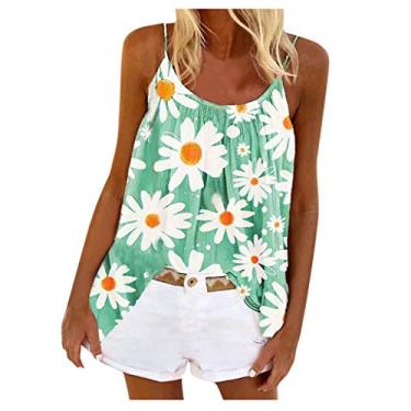 Imagem de Regatas femininas de verão, folgadas, sem mangas, gola redonda, alças finas, camiseta com estampa floral, Verde, 5G
