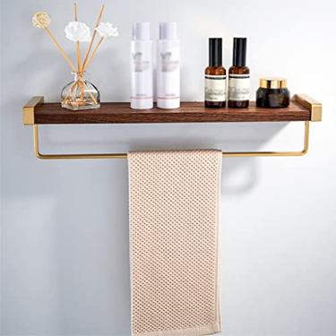 Imagem de ANNBKA Prateleiras de chuveiro prateleira de banheiro, prateleira de chuveiro de banho com cabide de toalha, prateleira de canto de banheiro de madeira, suporte de armazenamento de cozinha dourado